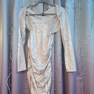 Long Sleeve Ivory Satin Lace Ruched Dress